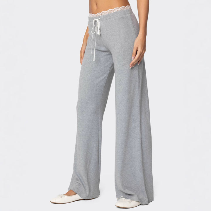 Damen Hellgraue Freizeithose mit elastischem Bund und dekorativem Spitzenabschluss Drune