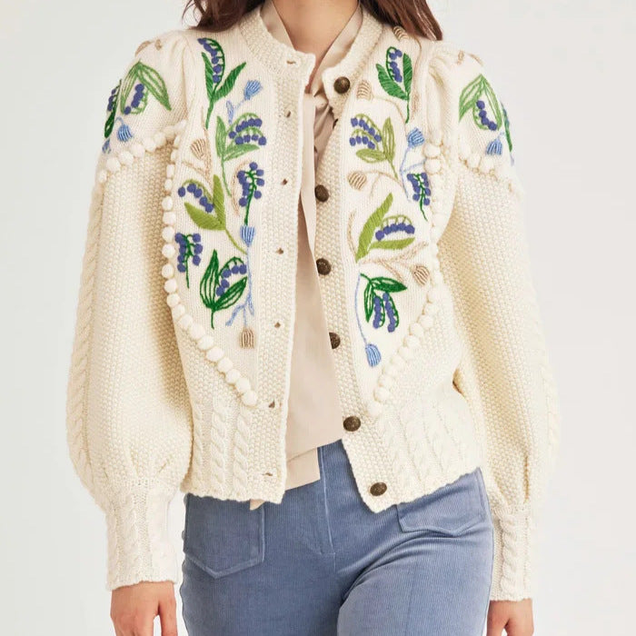 Damen Eleganter Strickpullover mit floralen Stickereien