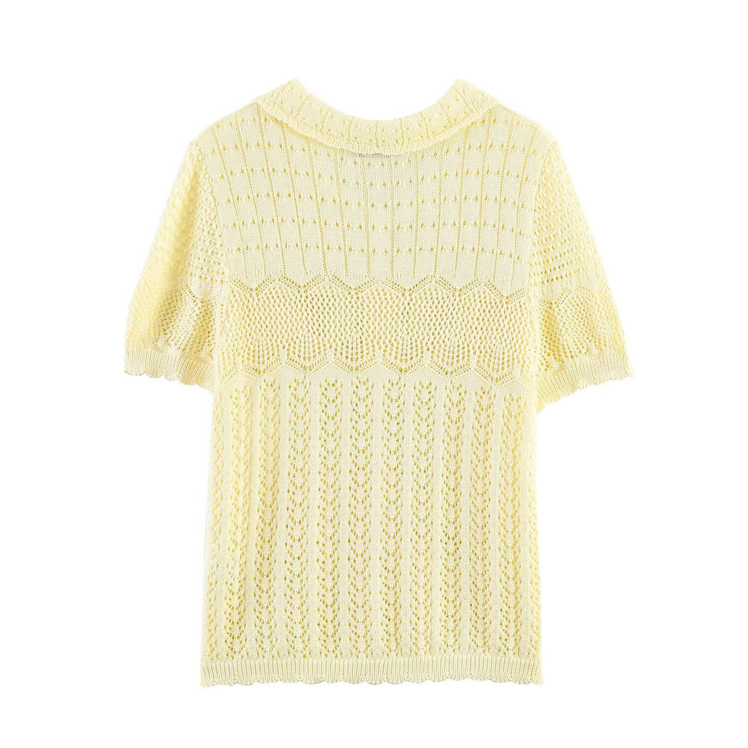 Damen Kurzarm Strickjacke mit feinem Lochmuster und klassischem Kragen Drune