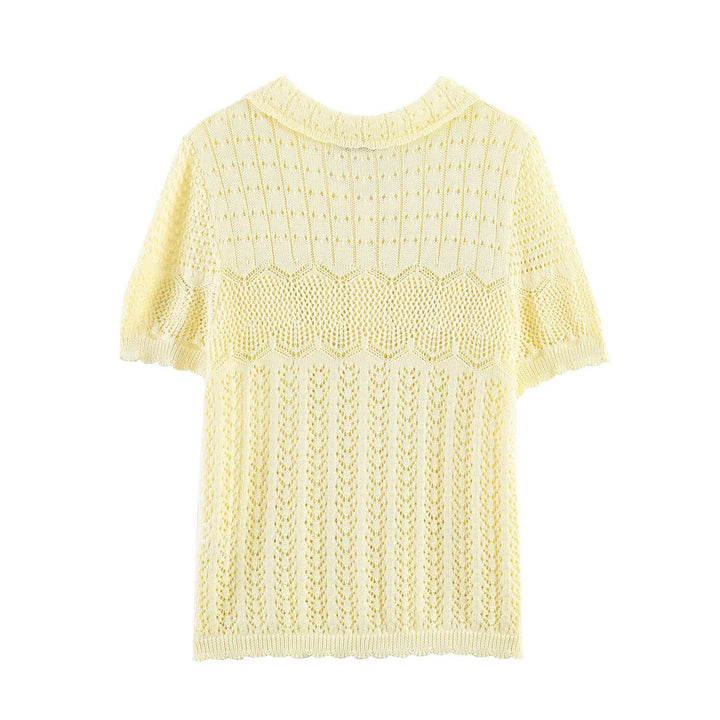 Damen Kurzarm Strickjacke mit feinem Lochmuster und klassischem Kragen Drune