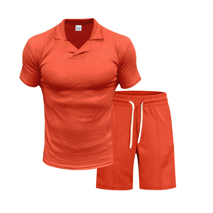 Herren nan kurzärmeliges Polo-Lounge-Set mit V-Einsatz am Kragen und Kordelzug-Bermuda Drune