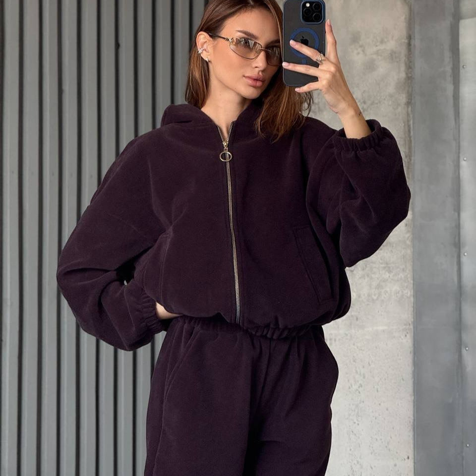 Damen Plüsch-Loungewear-Set mit Reißverschluss-Kapuzenjacke und taillenhoher Jogginghose Drune