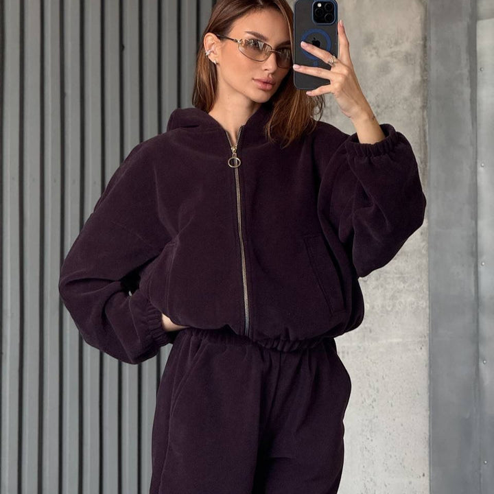 Damen Plüsch-Loungewear-Set mit Reißverschluss-Kapuzenjacke und taillenhoher Jogginghose Drune