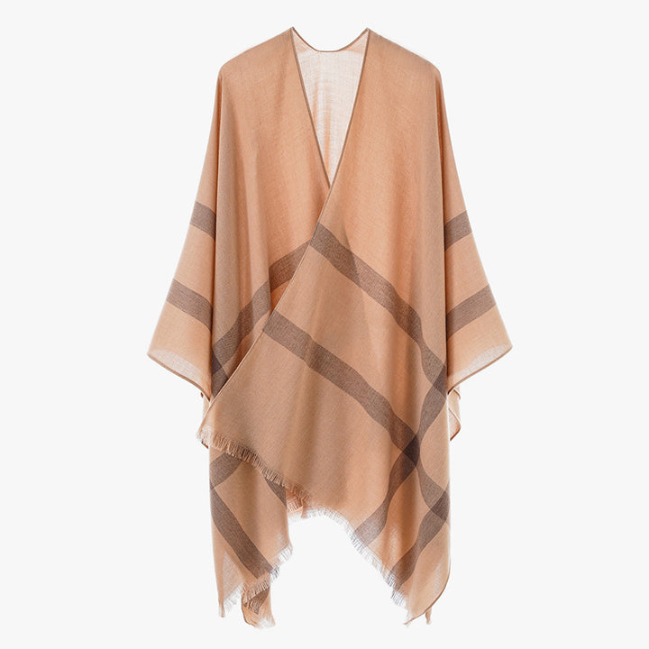 Damen leichter Feinstrick-Cape mit diagonalen Kontraststreifen und Fransen Drune
