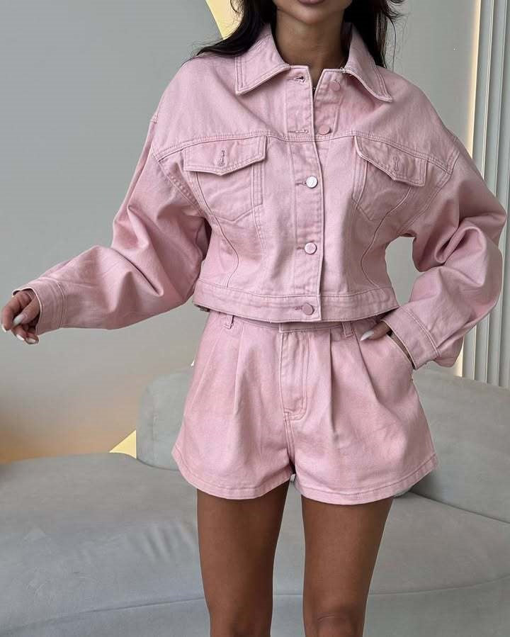 Damen Kurzgeschnittenes Jeans-Set mit verkürzter Jeansjacke und taillenhohen Shorts Drune