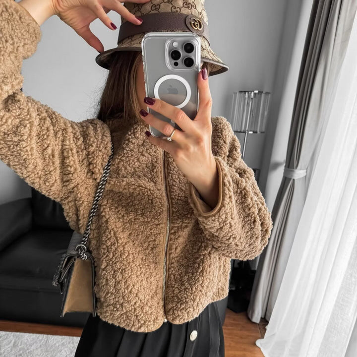 Damen Teddyjacke mit Reißverschluss und seitlichen Eingrifftaschen Drune