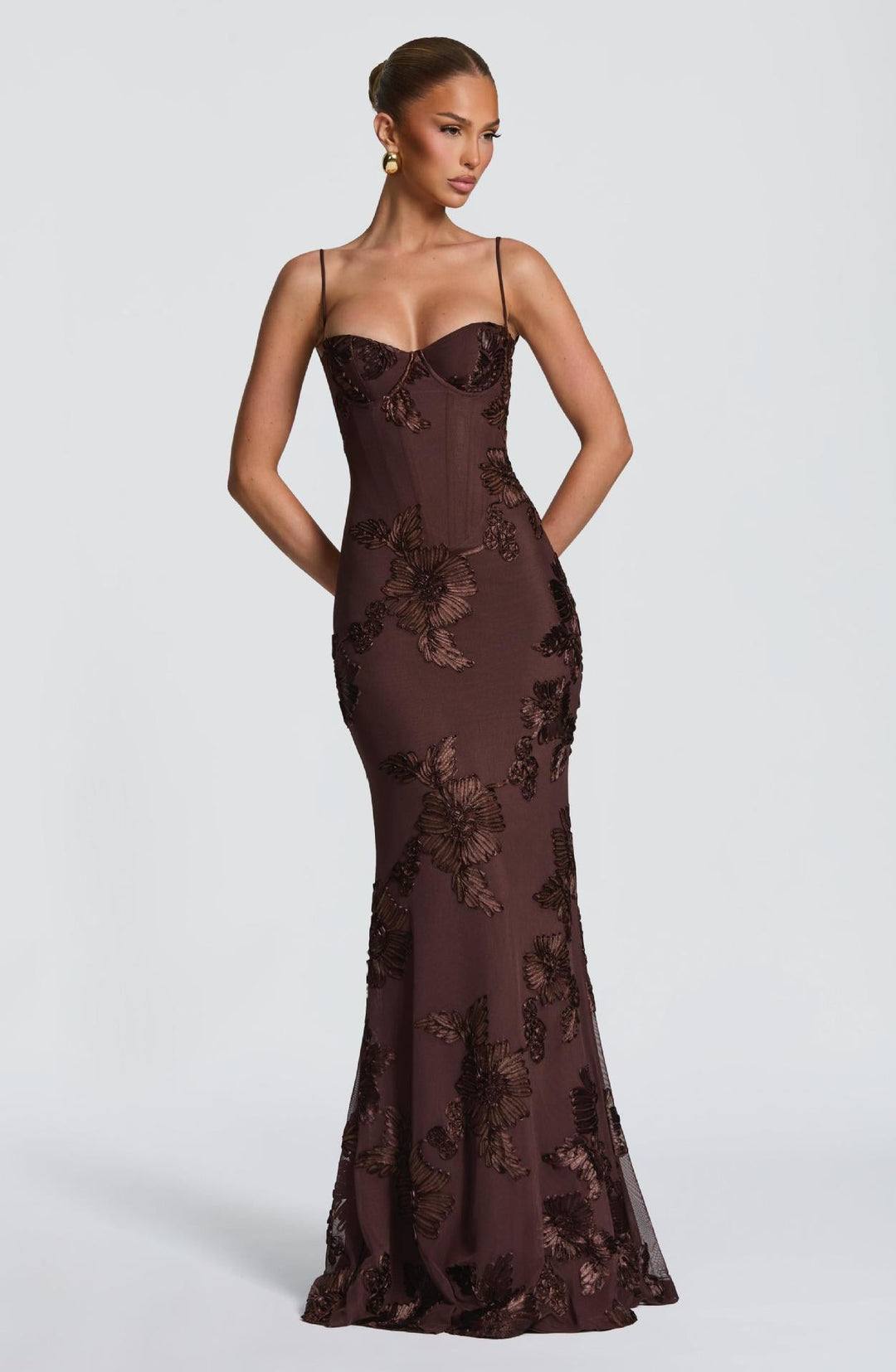 Damen figurbetontes Abendkleid mit floralem Stickdesign und hochwertigem Stoff Drune