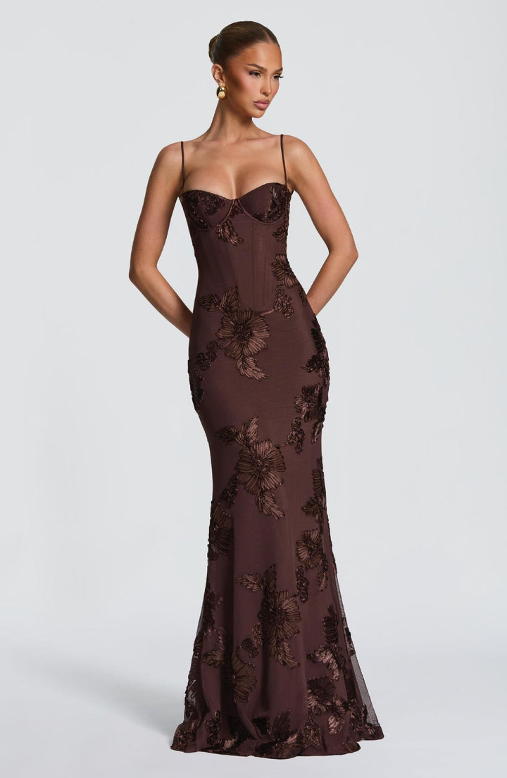 Damen figurbetontes Abendkleid mit floralem Stickdesign und hochwertigem Stoff Drune