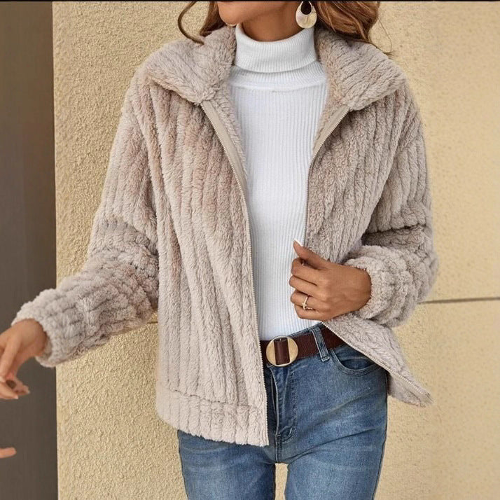 Damen kuschelige Fleece-Jacke mit Reißverschluss und Kapuze Drune