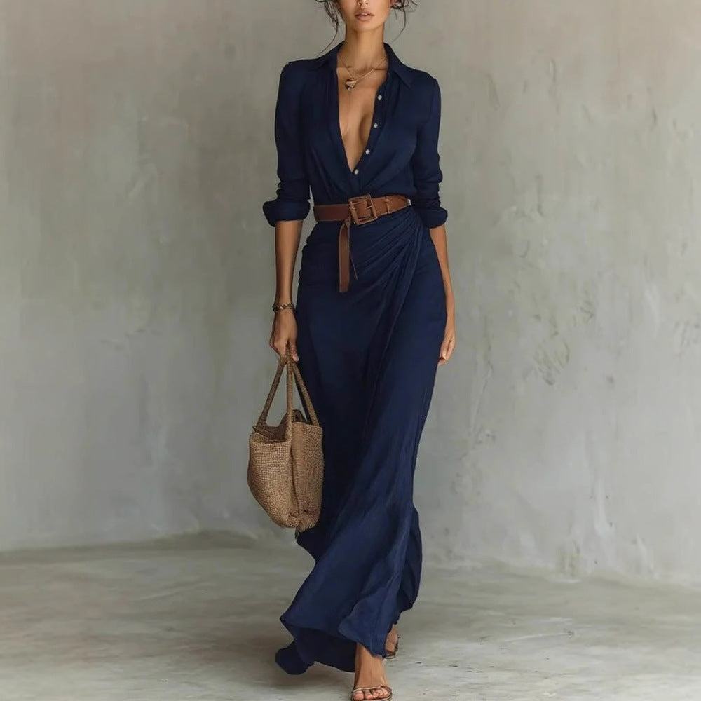 Damen Maxikleid mit klassischem Hemdkragen und seitlichem Schärpenband Drune