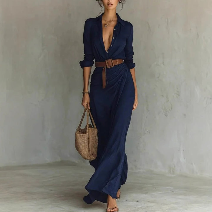 Damen Maxikleid mit klassischem Hemdkragen und seitlichem Schärpenband Drune