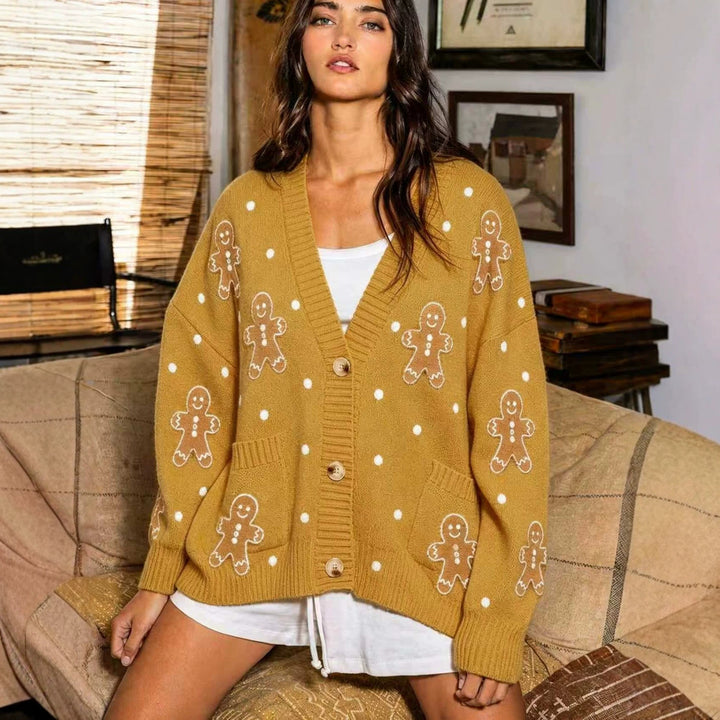 Damen nan oversized Strickcardigan mit Lebkuchenstickerei und tiefem V-Ausschnitt Drune