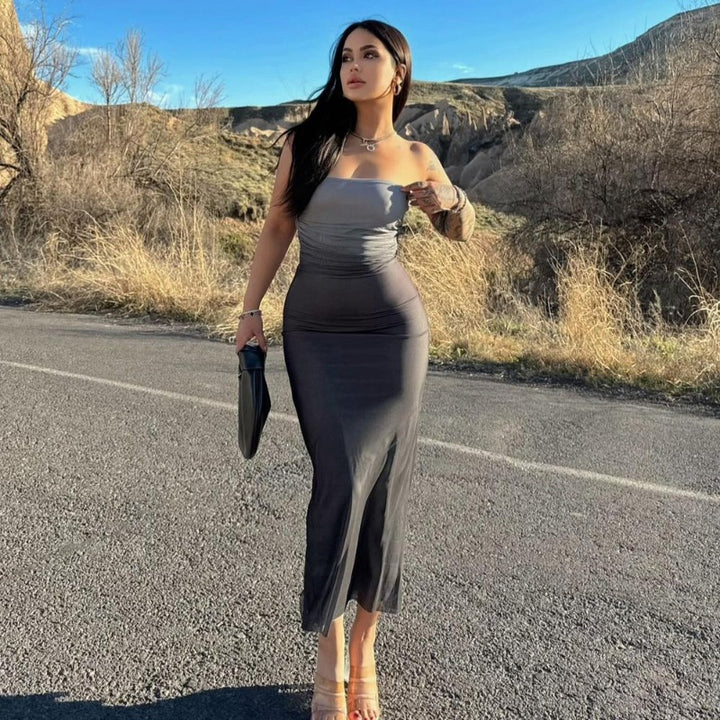 Damen figurbetontes Abendkleid mit schulterfreiem Design und eleganter Raffung Drune