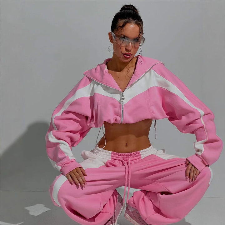 Damen lässiger Sportanzug mit Kapuzenjacke und weit geschnittenen Jogginghosen Drune