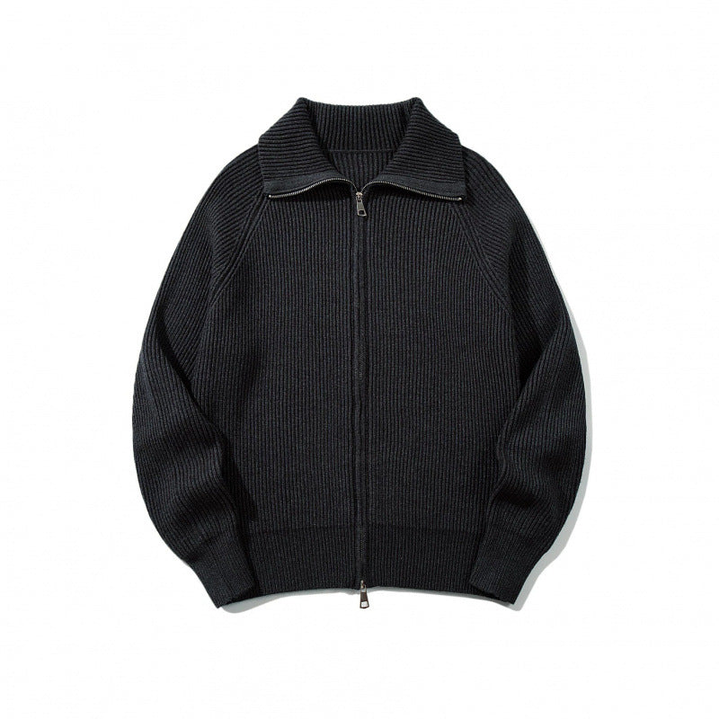 Unisex Grobgerippte Zip-Strickjacke mit Stehkragen, Raglanärmeln und Zwei-Wege-Reißverschluss Drune