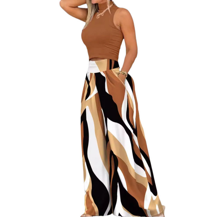 Damen Stilvolles Zweiteiliges Cropped Top und Breite Hosen Set Drune
