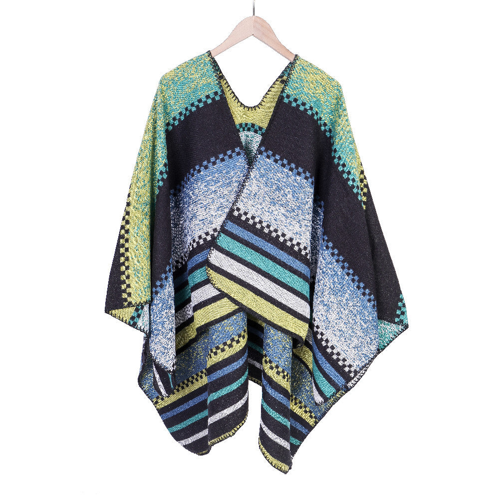 Damen Grobgestrickte Oversize-Ruana mit grafischem Blockmuster und asymmetrischem Zipfelrand Drune