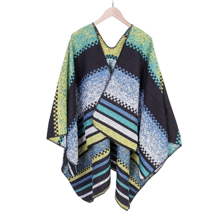 Damen Grobgestrickte Oversize-Ruana mit grafischem Blockmuster und asymmetrischem Zipfelrand Drune