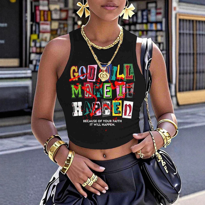 Damen Crop-Top mit kreativem Schriftzug und modernem Grafikdesign Drune