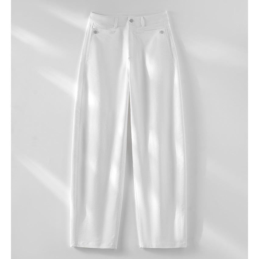 Damen hochtaillierte weite Stoffhose mit geradem Bein, Komfortbund und Eingrifftaschen Drune