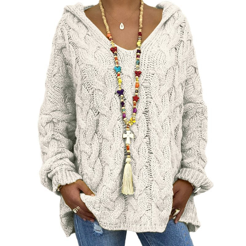 Damen Oversized Zopfmuster-Strickpullover mit Kapuze und lässigem V‑Ausschnitt Drune