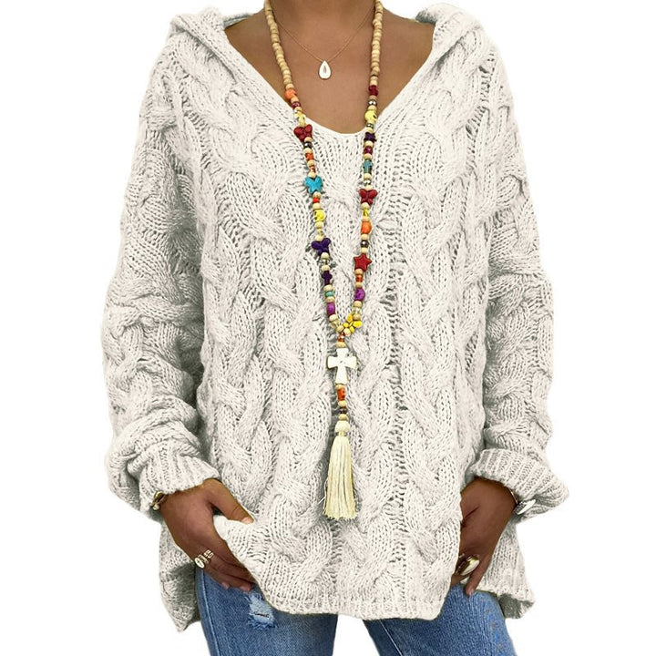 Damen Oversized Zopfmuster-Strickpullover mit Kapuze und lässigem V‑Ausschnitt Drune