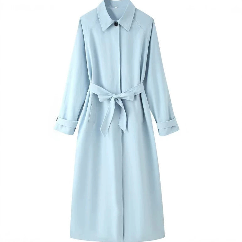 Damen Leichter knielanger Trenchcoat im Clean‑Look mit Bindegürtel und verdeckter Knopfleiste Drune