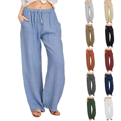 Damen Weite Leinenoptik-Hose mit Gummibund, Tunnelzug und Eingrifftaschen Drune
