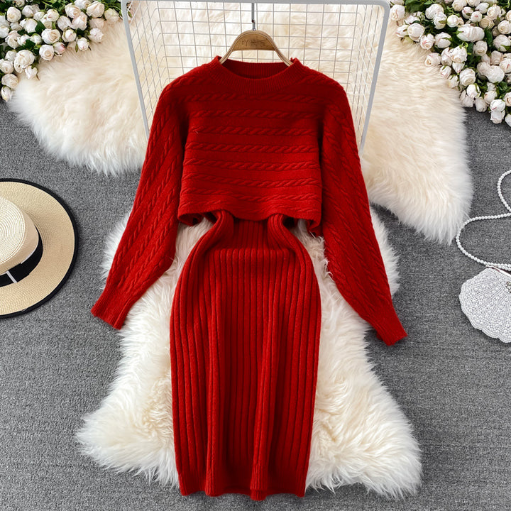 Damen modisches Zopf-Strickkleid mit cropped Pulloverteil Drune