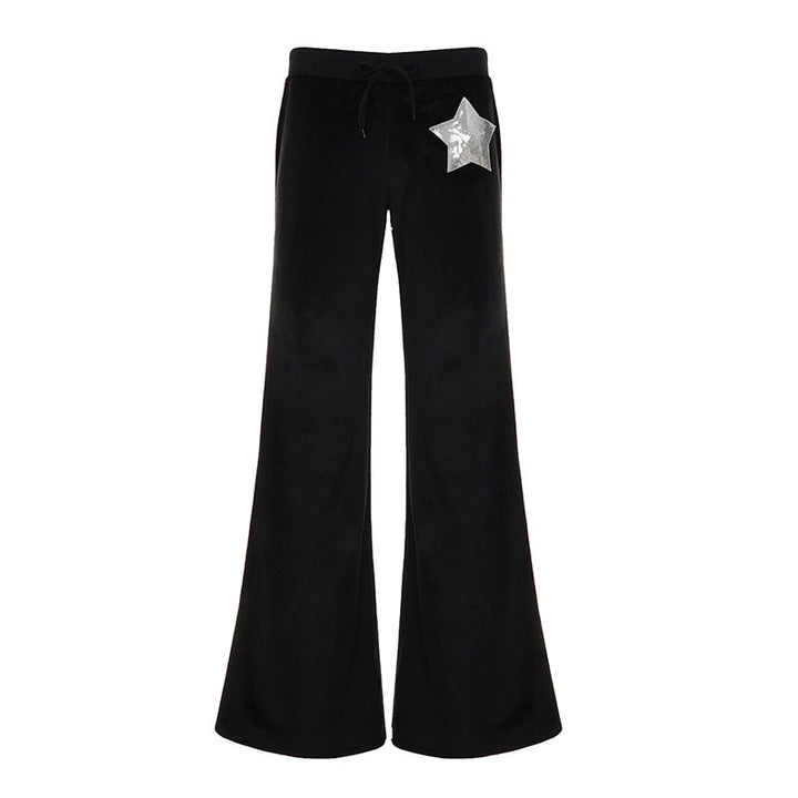 Damen nan Samt-Hose mit weitem Bein, elastischem Bund und Pailletten‑Sternapplikation Drune