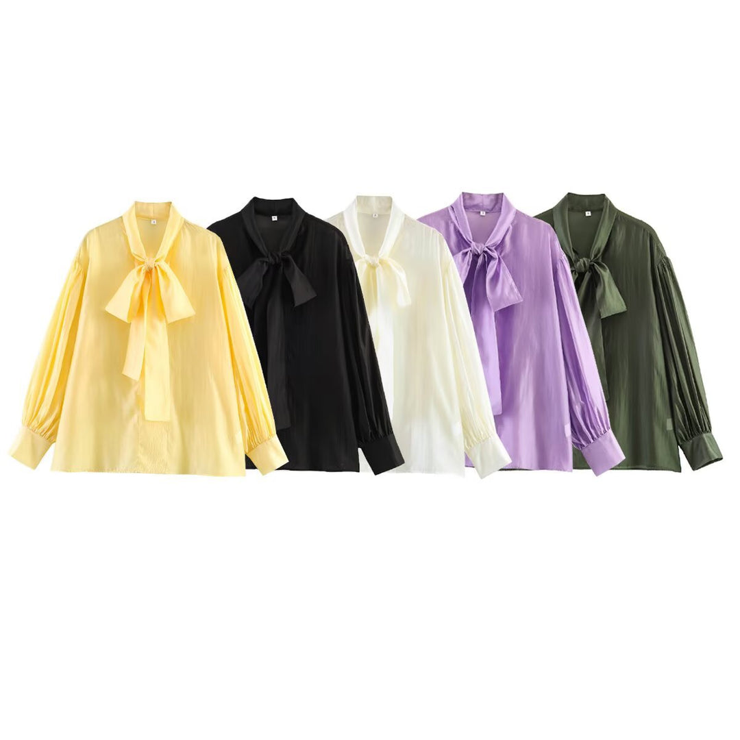 Damen Schluppenbluse aus Satin mit Ballonärmeln und weiter Passform Drune