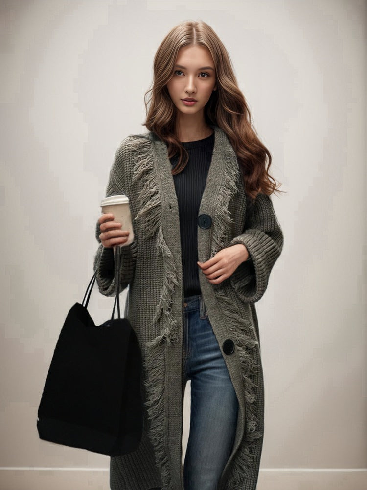 Damen Grobstrickmantel mit Fransen und elegantem Knopfverschluss Drune