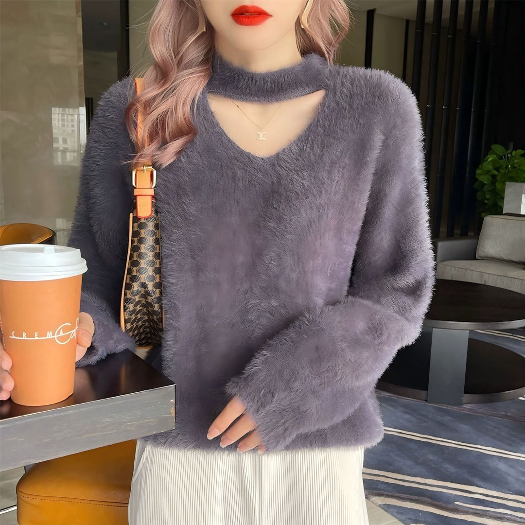 Damen kuscheliger V-Ausschnitt Pullover mit hohem Kragen Drune