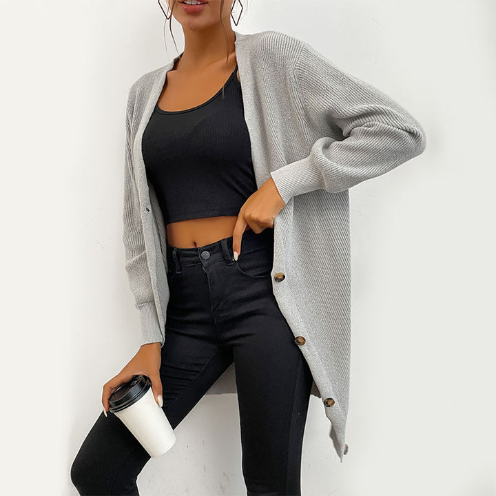 Damen Oversize Longcardigan aus weichem Feinstrick mit tiefem V‑Ausschnitt und Knopfleiste Drune