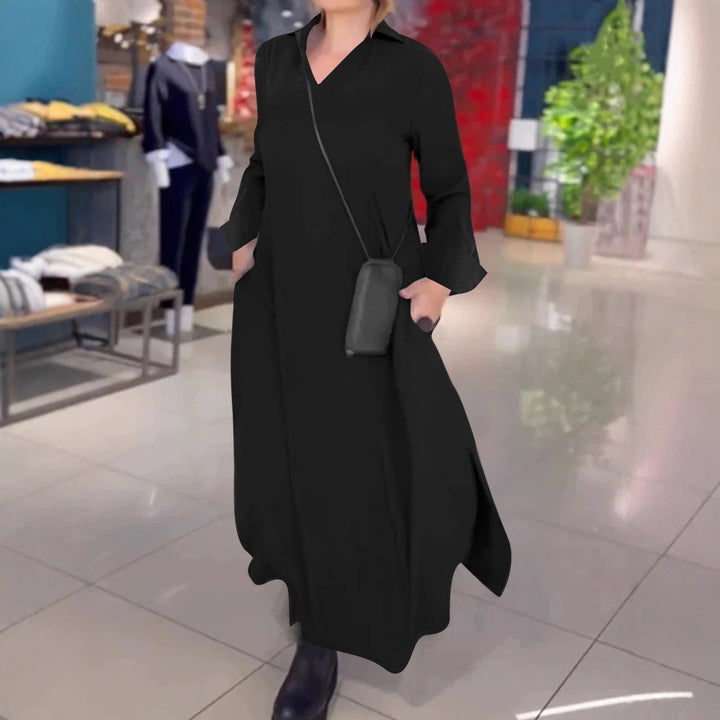 Damen Kragenblusenkleid mit V-Ausschnitt, Eingrifftaschen und seitlichen Schlitzen Drune