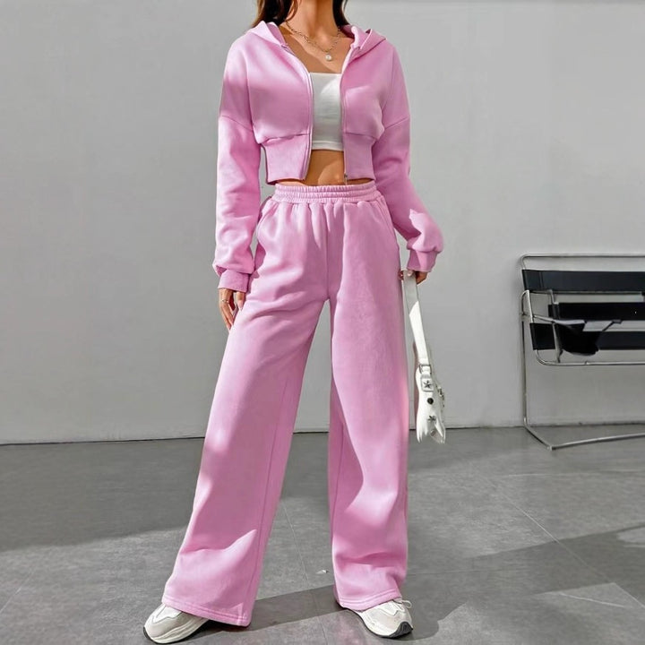 Damen nan kurzes Kapuzen-Sweatshirt mit Reißverschluss und weite High-Waist Jogginghose Drune