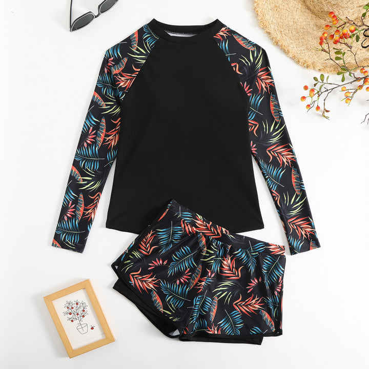 Damen Sportlicher Langarm Rashguard mit buntem Blattdesign Drune