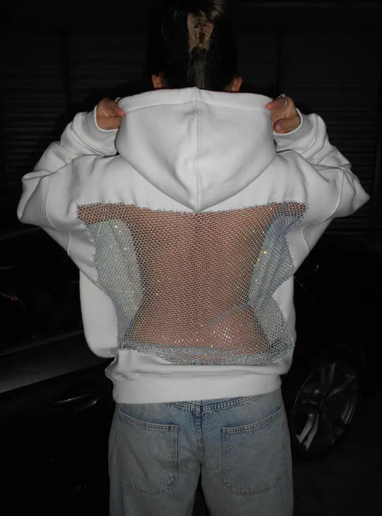 Damen Hoodie mit glitzerndem Mesh-Rückenapplikation Drune