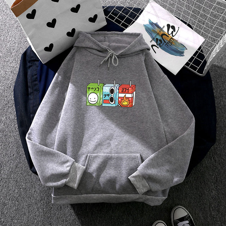 Damen nan oversized Kapuzenpullover mit Cartoon-Getränkekarton-Print, Kängurutasche und weichem Innenfutter Drune
