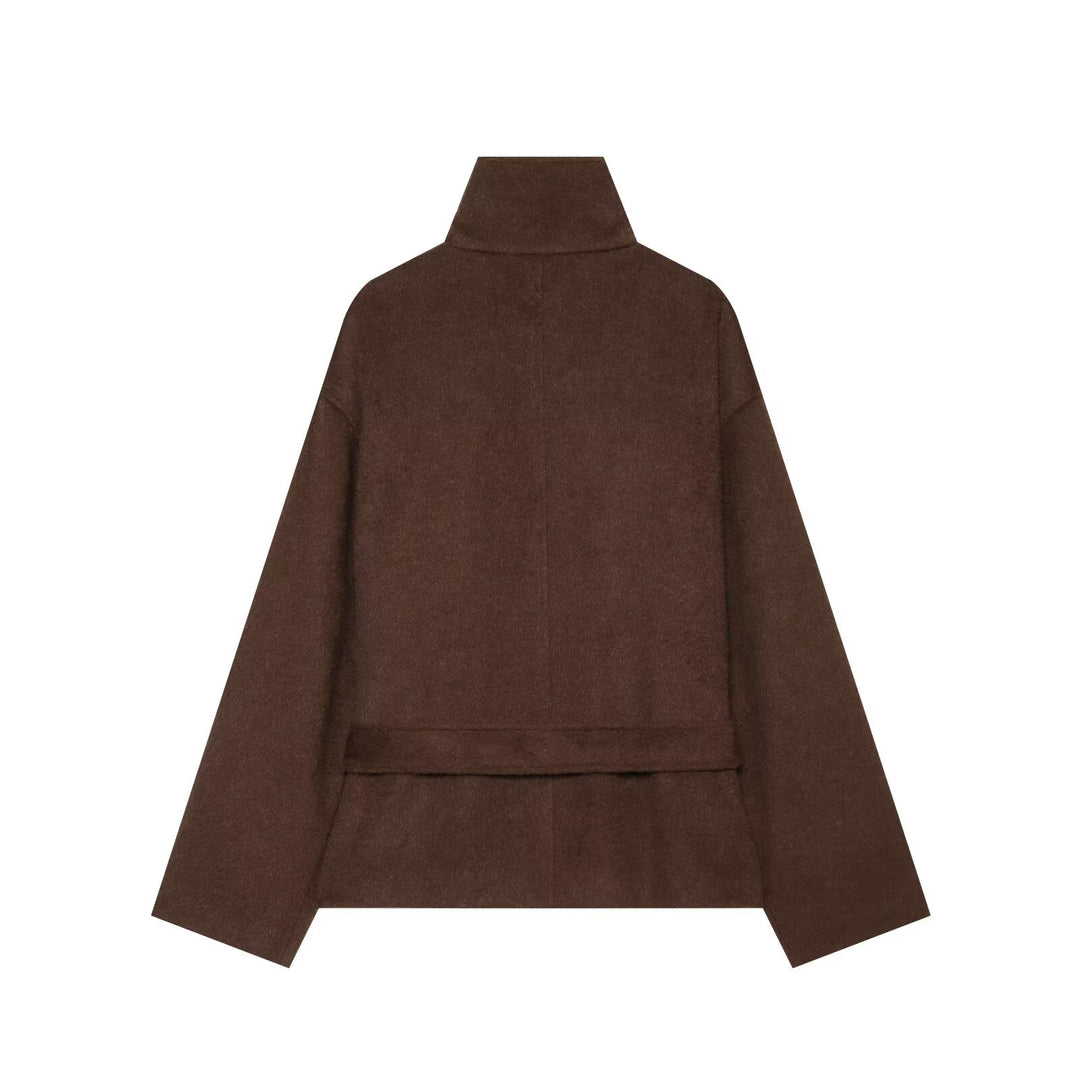 Damen Kurzcape‑Mantel aus Wollmix mit hohem Stehkragen und Taillengürtel Drune