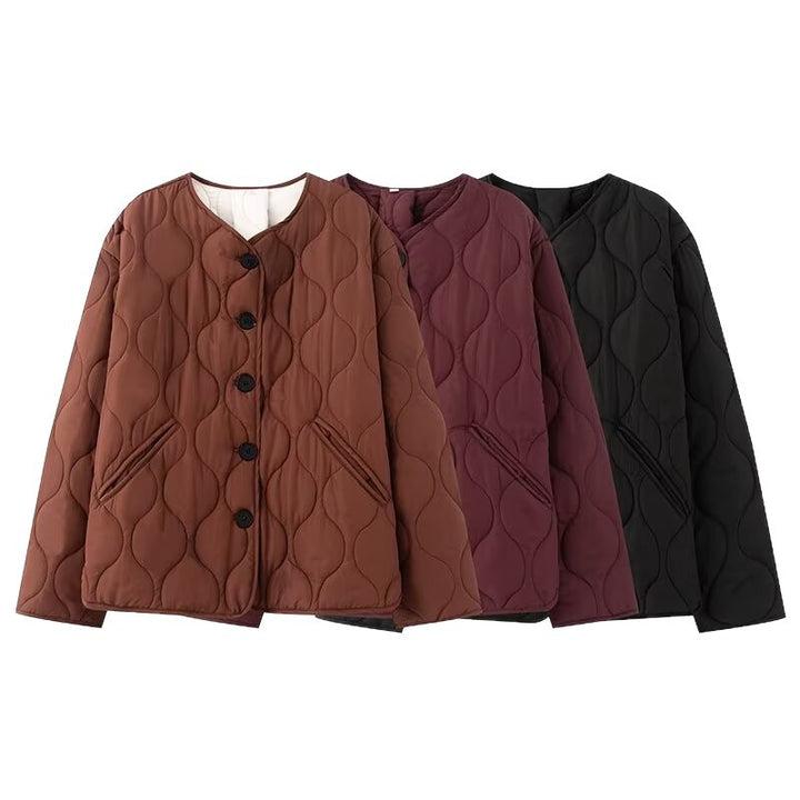 Damen Steppjacke ohne Kragen mit Rundhalsausschnitt, Boxy‑Schnitt und dekorativer Wellensteppung Drune