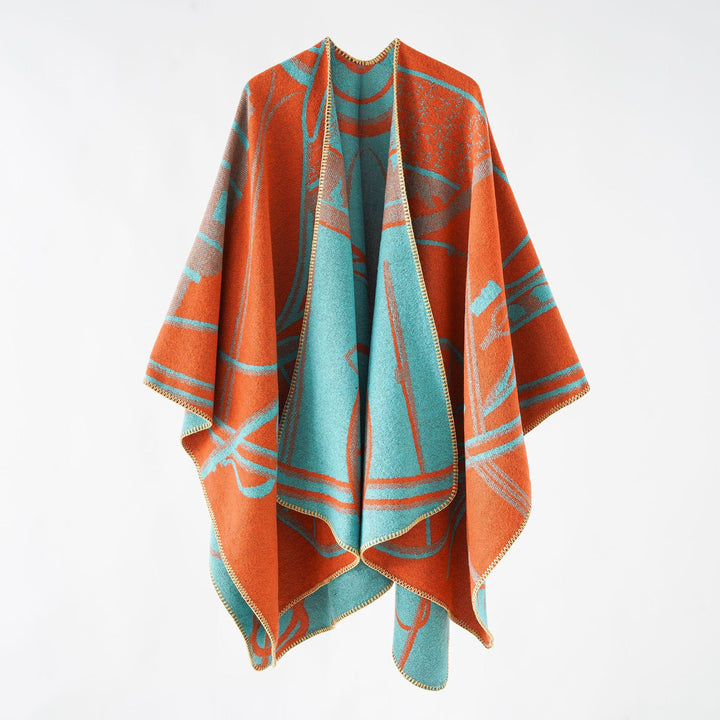 Damen Wollmix-Reversible Cape mit grafischem Jacquard und offenem Kimonofall Drune