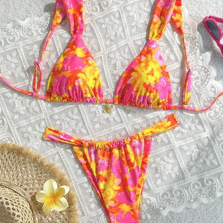 Damen Blütenmuster Triangel-Bikini mit verstellbaren Trägern Drune
