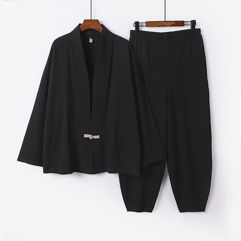 Herren Zen-Relax-Set mit offener Kimono-Jacke, dekorativem Knebelverschluss und tapered Harem-Joggpants Drune