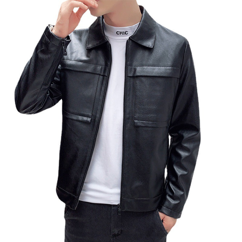 Herren minimalistisches Kunstleder-Zipblouson mit Hemdkragen und Pattentaschen Drune