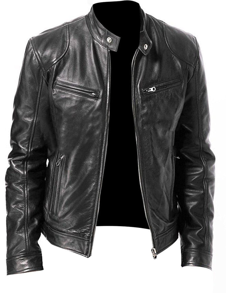 Herren nan vintage-inspirierte Lederjacke im Bikerstil mit Stehkragen und sichtbaren Reißverschlüssen Drune