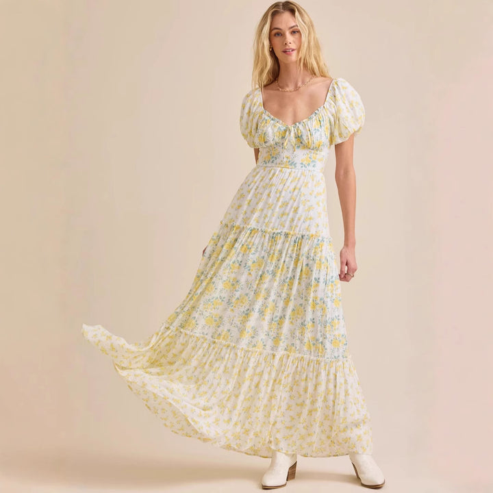 Damen Maxikleid mit blumigem Design und hochwertigen Puffärmeln Drune