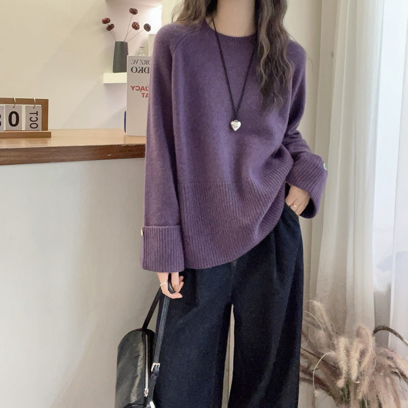 Damen Oversize‑Feinstrickpullover mit breitem Rippbund, extraweiten Ärmelabschlüssen und Zierknopf Drune