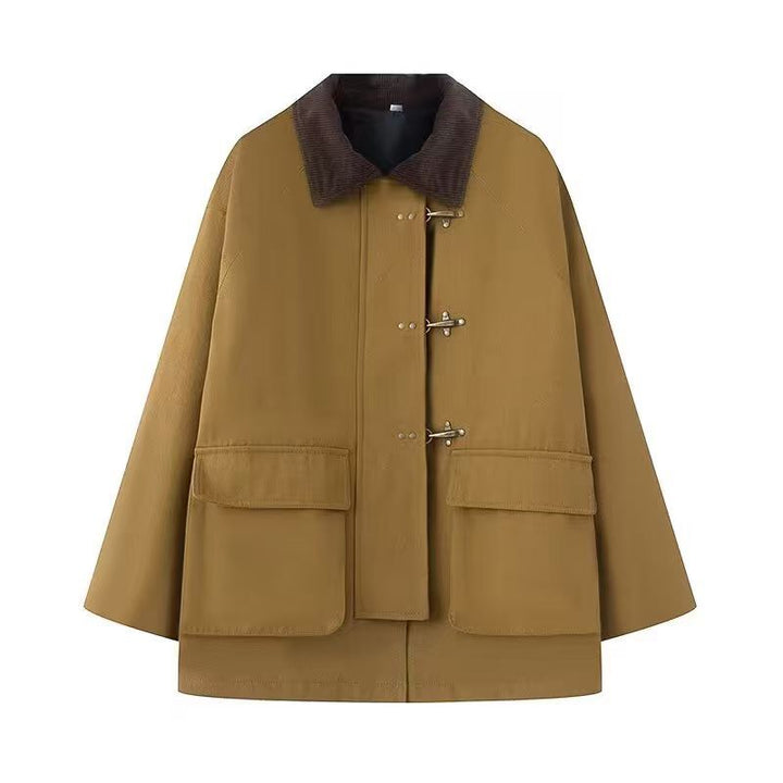 Damen Oversize Kurzmantel mit Knebelverschlüssen und Cordkragen Drune