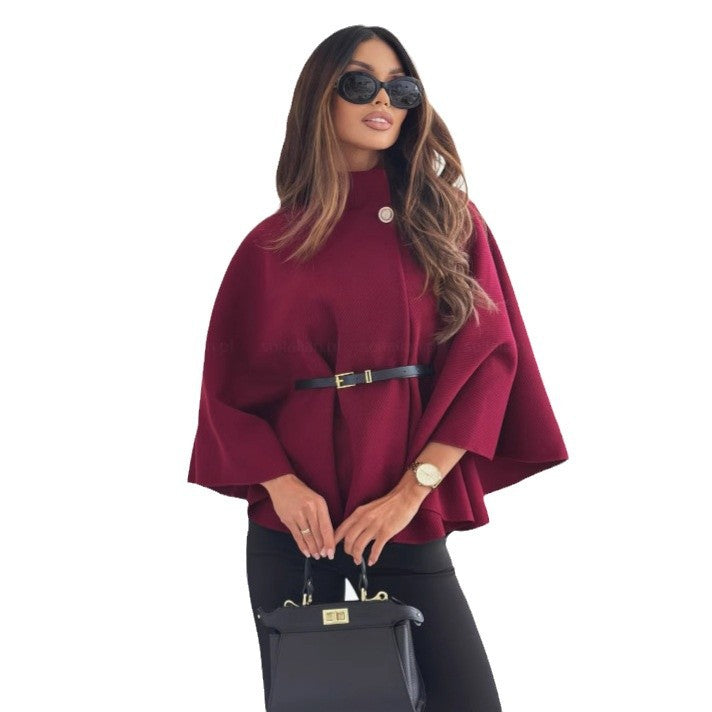 Damen elegante und modische Cape-Jacke mit Gürtel aus strukturiertem Stoff Drune